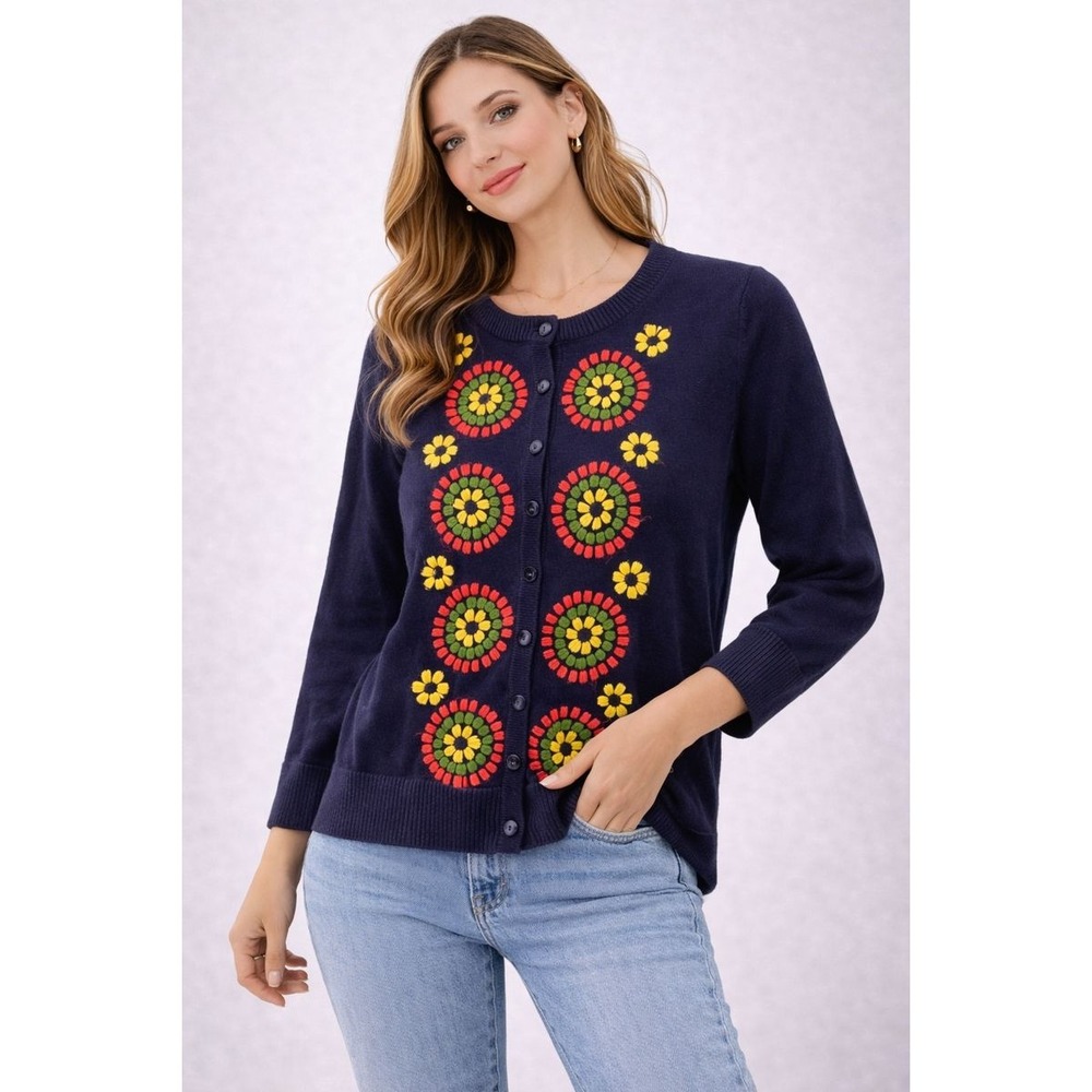 Tabitha‎ Anthropologie Embroidered Floral Cardigan Navy Blue Sweater Women Small